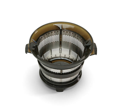 A coarse strainer made of metal and plastic, featuring fine mesh sides and two handles, designed for use in juice extractors or slow juicers such as the Nama J2 Cold Press Juicer. Ideal for those who want to make juice with added fiber, this accessory can also be paired with a standard strainer for customized juicing results.