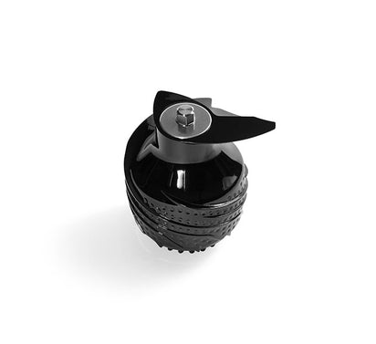 A black auger with two sharp stainless steel blades on a round plastic base, similar to parts found in cold press juicers like the Nama J2 Cold Press Juicer, isolated on a white background.