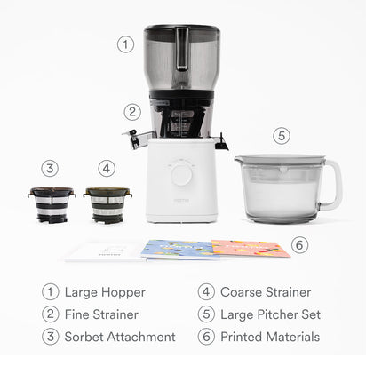 The Nama J2 XL Cold Press Juicer includes a large hopper, fine and coarse strainers, sorbet attachment, large pitcher set, and printed materials—an easy-to-clean juicer displayed against a white background.