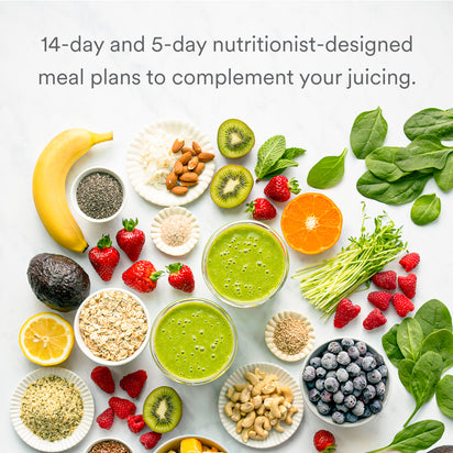 An overhead shot of assorted fruits, greens, nuts, seeds, and two glasses of green juice on a white surface promotes "Juicing for Beginners," featuring nutritionist-designed 14-day and 5-day plant-based meal plan recipes.