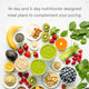 An overhead shot of assorted fruits, greens, nuts, seeds, and two glasses of green juice on a white surface promotes "Juicing for Beginners," featuring nutritionist-designed 14-day and 5-day plant-based meal plan recipes.