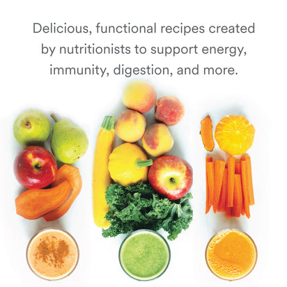 A selection of fresh apples, oranges, kale, and green juice is displayed beneath text promoting "Juicing for Beginners," featuring nutritionist-designed plant-based recipes and meal plans for wellness.