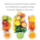 A selection of fresh apples, oranges, kale, and green juice is displayed beneath text promoting "Juicing for Beginners," featuring nutritionist-designed plant-based recipes and meal plans for wellness.