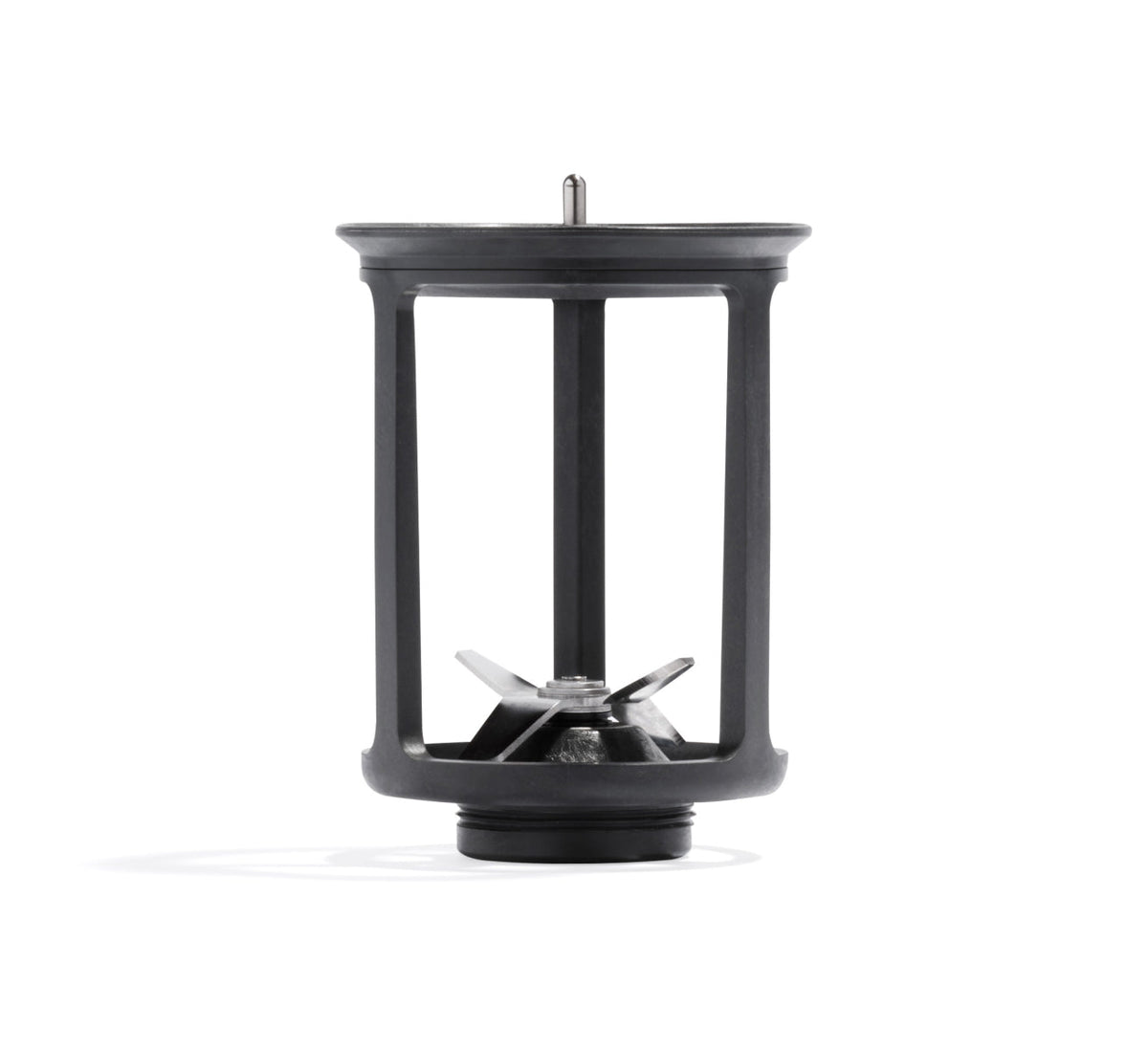 A black, cylindrical Blade Frame with a central shaft and four angled metal blades, designed for use in a countertop blender or plant-based milk maker such as the Nama M1, features a durable construction and is shown against a white background.