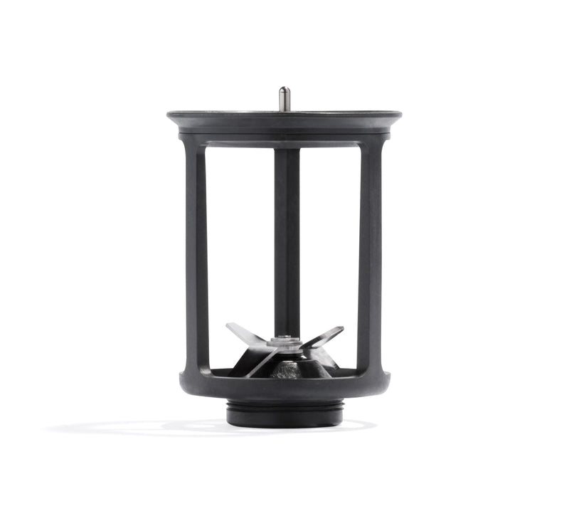 A black, cylindrical Blade Frame with a central shaft and four angled metal blades, designed for use in a countertop blender or plant-based milk maker such as the Nama M1, features a durable construction and is shown against a white background.