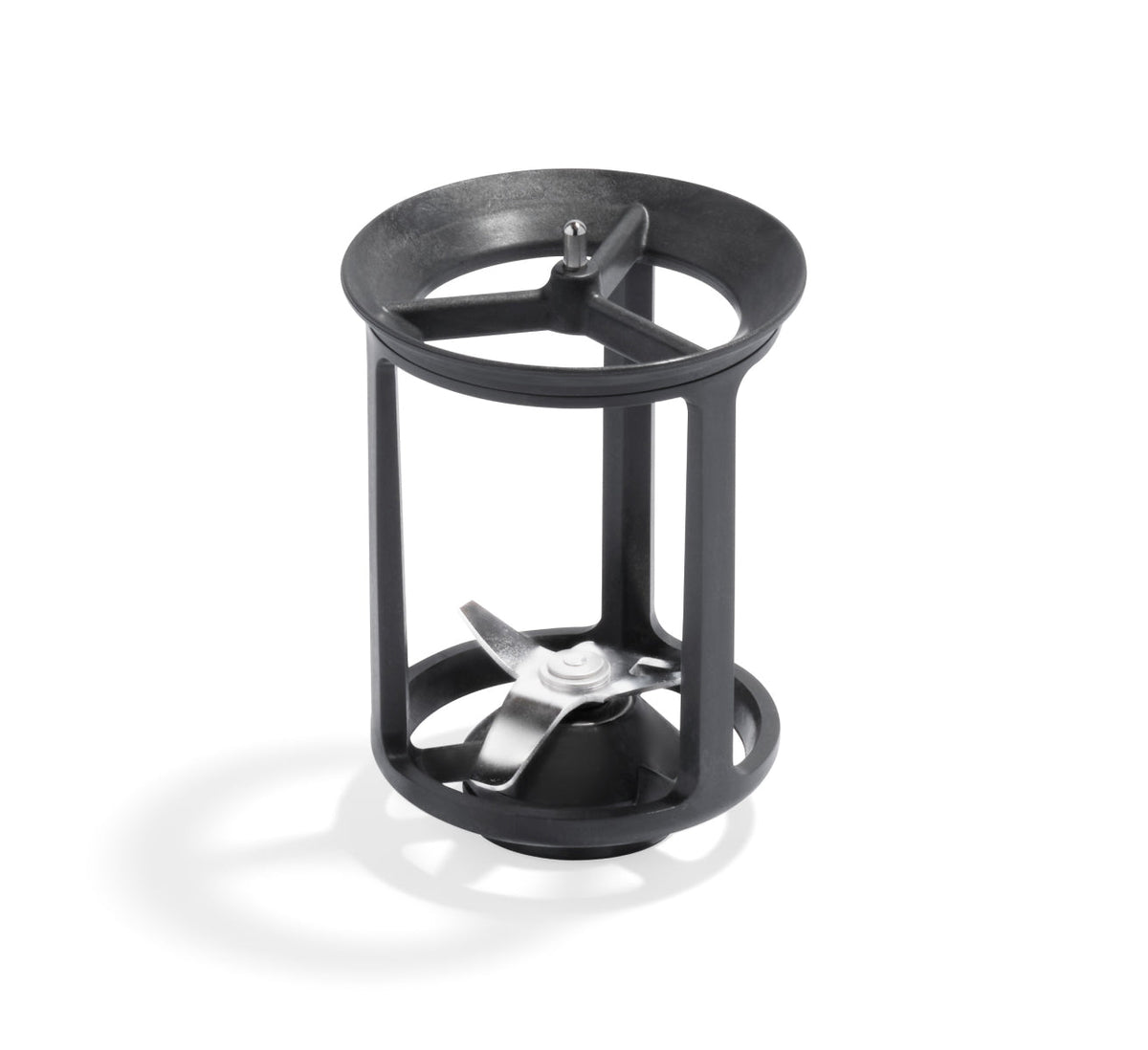 A black plastic Blade Frame, compatible with the Nama M1 Plant-Based Milk Maker, featuring a cylindrical open-frame design with three vertical supports and metal blades at the base, casting a shadow on a white background.