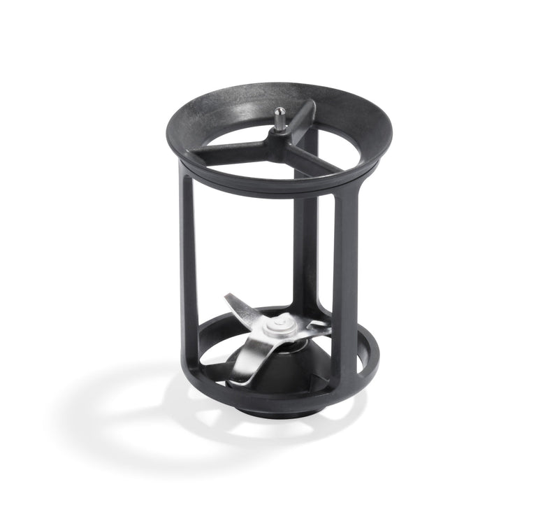 A black plastic Blade Frame, compatible with the Nama M1 Plant-Based Milk Maker, featuring a cylindrical open-frame design with three vertical supports and metal blades at the base, casting a shadow on a white background.