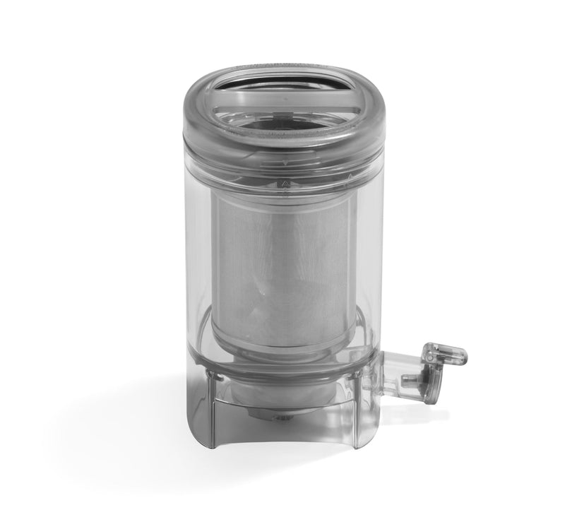 Certainly! Here is a revised version of the sentence, incorporating your product data: The Chamber Set features a transparent plastic canister with a built-in filter and a side spout for easy liquid filtration or dispensing—perfect for producing high-quality milk with the Nama M1 Plant-Based Milk Maker. The canister is displayed against a plain white background.