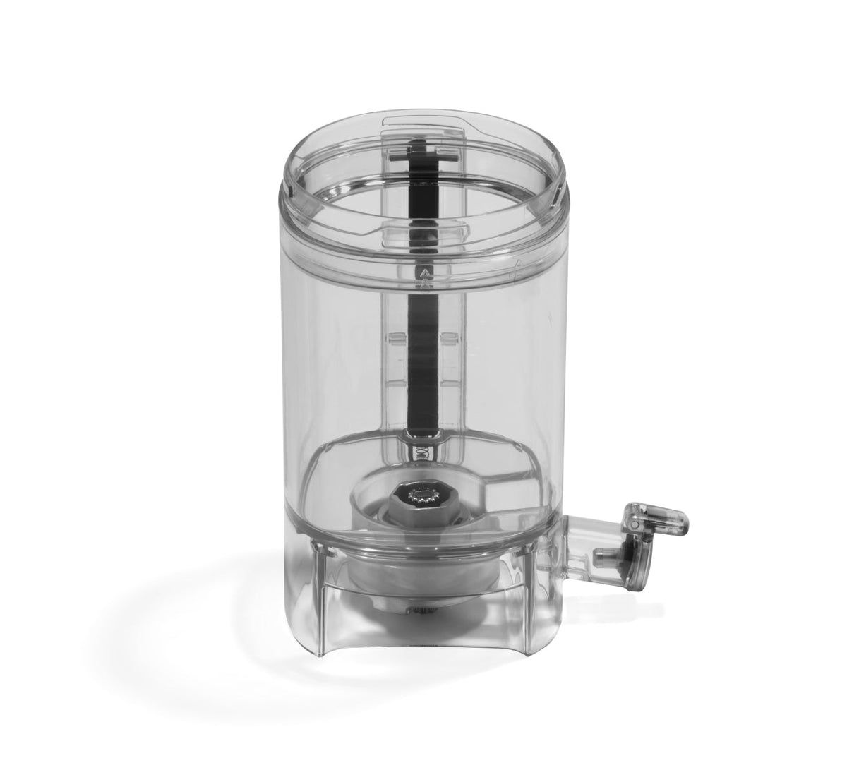 A clear plastic container called the Chamber, featuring a lid, a black vertical handle inside, and a spout with a lever at the bottom right. Designed as a blending chamber for a plant-based milk maker, it is ideal for efficiently dispensing freshly prepared liquids.