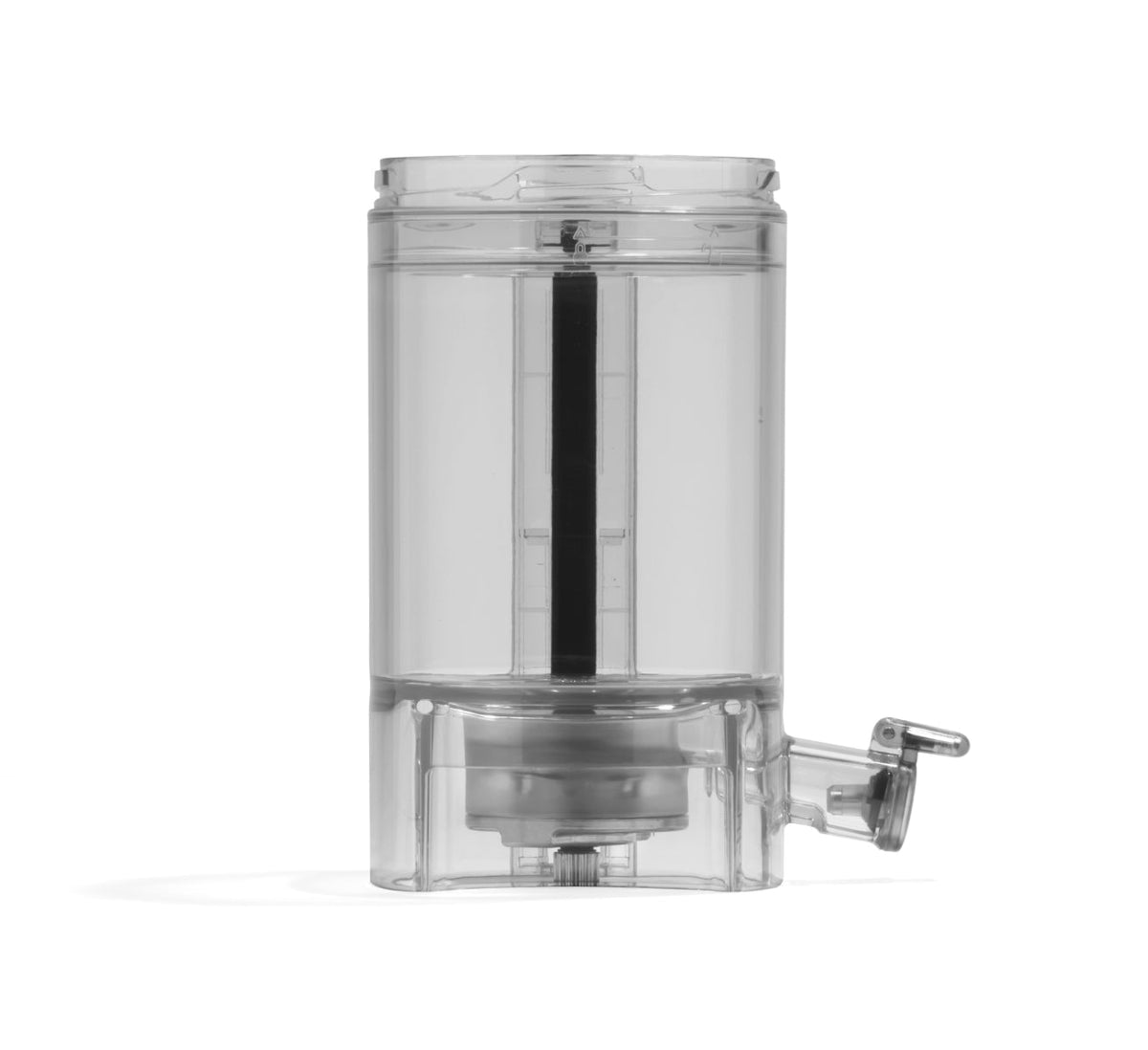 Chamber is a transparent, cylindrical plastic container featuring an internal filter and a small spout with a lever on the lower right side; this plant-based milk maker offers a convenient blending chamber for smooth and efficient preparation.