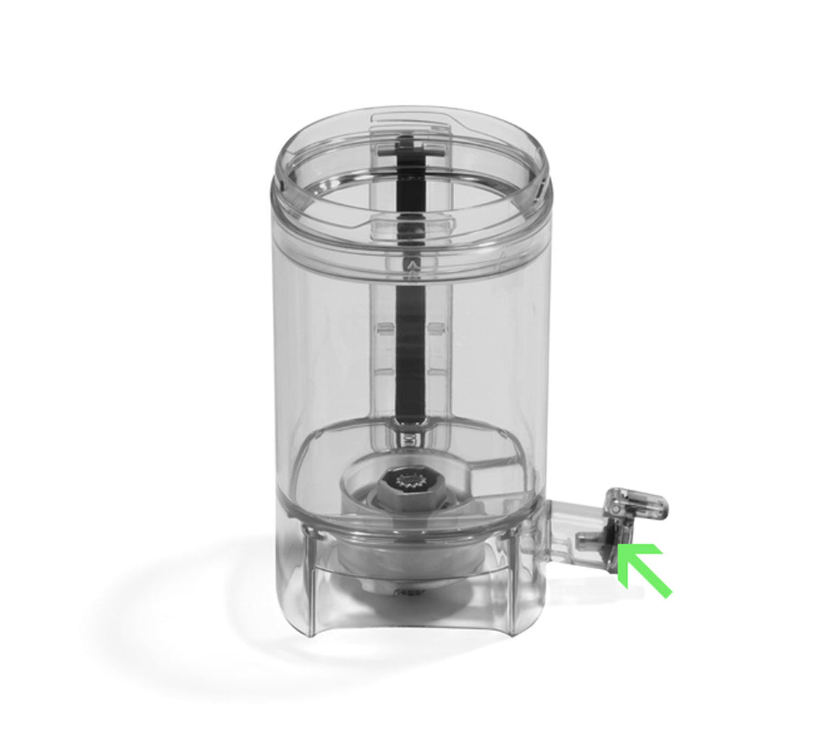 A transparent cylindrical container features a black vertical rod inside and a small spout at the base. The liquid chamber is clearly visible, with a green arrow indicating a metal valve located near the bottom. The Spout Cap Gasket securely seals the spout, preventing any leaks from the chamber.