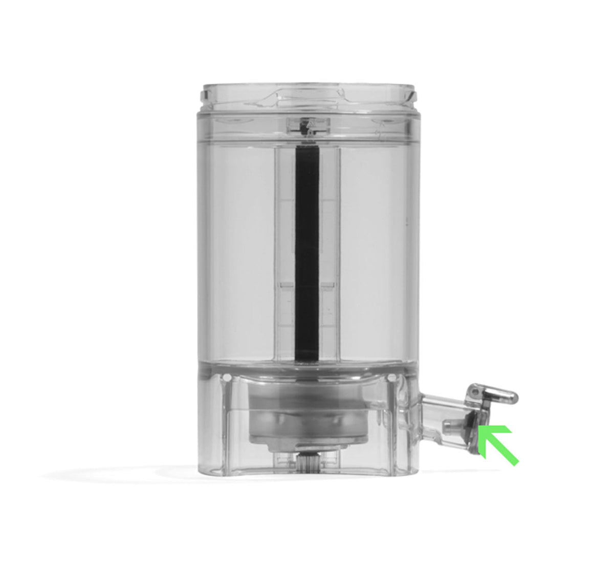 A clear cylindrical water filter cartridge with a black interior filter features a small spout on the bottom right side, which is sealed by the Spout Cap Gasket to prevent any leaks from the liquid chamber. A green arrow highlights the spout’s lever.