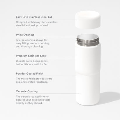 The Insulated On-the-Go Bottle in white stainless steel features a detached easy-grip lid, wide opening, premium stainless steel body, powder-coated finish, and a ceramic-lined interior for top-notch insulation.