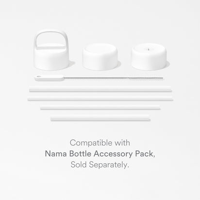 A white accessory pack for the Insulated On-the-Go Bottle, featuring two lids, a handle, a cleaning brush, and four straws on a white surface. Text: Compatible with Insulated On-the-Go Bottle, Accessory Pack sold separately.