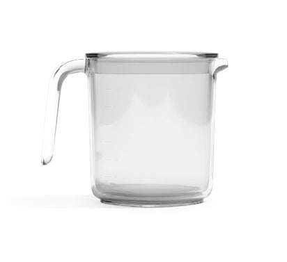 A clear glass measuring cup with a handle and a spout is shown on a white background. Measurement markings are visible on the side of the cup, making it perfect for accurately preparing ingredients as part of your Juice and Pulp Container Set.