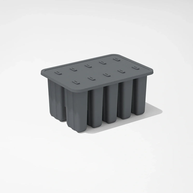 The Nama Popsicle Mold is a rectangular, dark gray silicone tray with a fitted lid and six large compartments, shown on a white background.