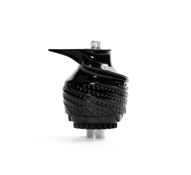 A black, spiral-textured Auger—a mechanical or prosthetic component reminiscent of an auger—used in the Nama C2 Cold Press Juicer, featuring a metallic connector at the base for efficient juice extraction, is displayed against a plain white background.