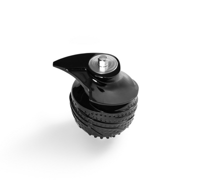 A black, round plastic auger with a pouring spout and central metal screw, designed for the Nama C2 Cold Press Juicer, shown on a white background. Ideal for efficient juice extraction.