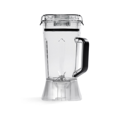 The Blender Jug Assembly features a clear container with measurement markings, a black handle, and a fitted lid, displayed upright on a white background.