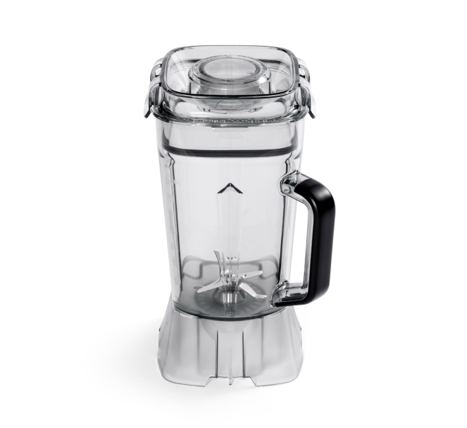 A clear Blender Jug Assembly, empty, featuring a black handle and transparent lid, seen from above on a white background. This jug is compatible with the Nama C2 Blender.