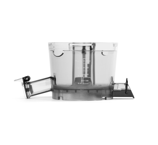 Clear plastic Chamber with measurement markings, featuring a spout on the left and a hinged black flap on the right, shown against a white background—a perfect fit for the Nama C2 Cold Press Juicer.