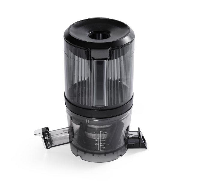 The Chamber Set is a black and transparent juice extractor featuring a cylindrical top, side spout for juice, measurement markings on the lower section, and a chamber set design, displayed against a white background.