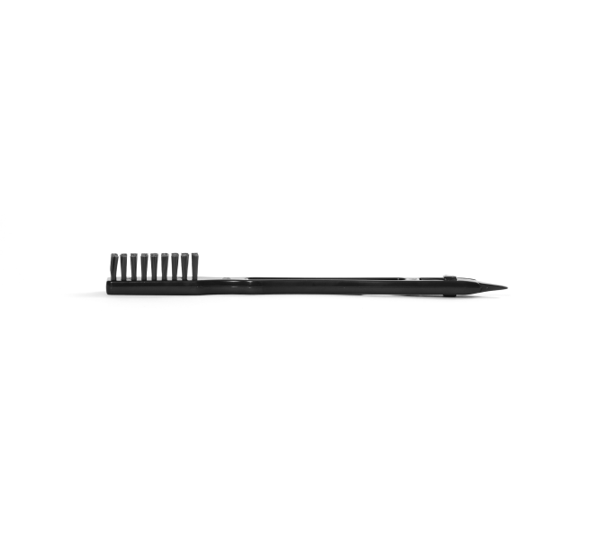 A black Cleaning Brush, featuring a toothbrush on one end and a pen on the other, is displayed horizontally against a plain white background, showcasing its compact design ideal for precise cleaning in small spaces.