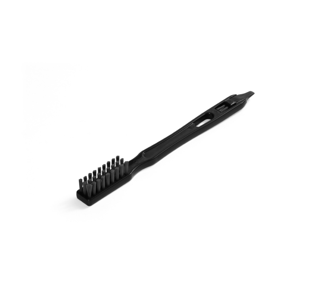 A Cleaning Brush with a black rectangular head and a long handle, shown on a white background, is an essential tool for effectively cleaning appliances such as the Nama C2 Cold Press Juicer.