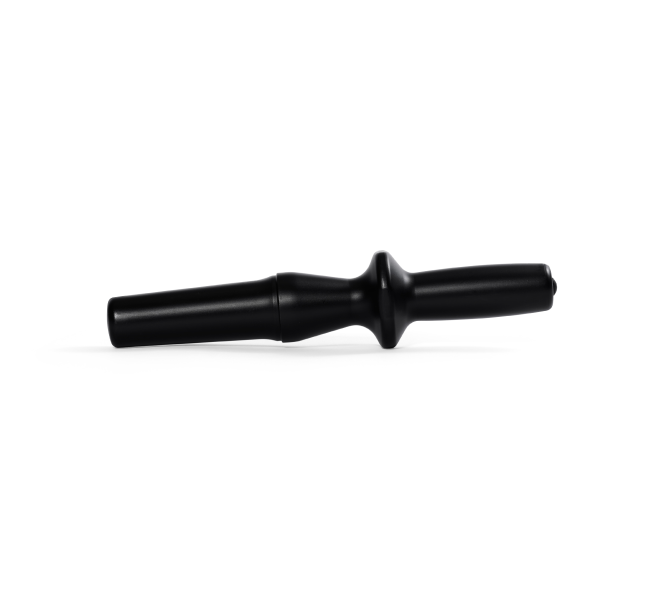 A Pusher, black and cylindrical with a flared ring near its center, lies horizontally on a white background.