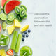 Slices of watermelon, kiwi, lime, pineapple, celery, lemon, blueberries, and green drinks on a white surface next to the text: Discover how Skin Health connects your diet to glowing skin.