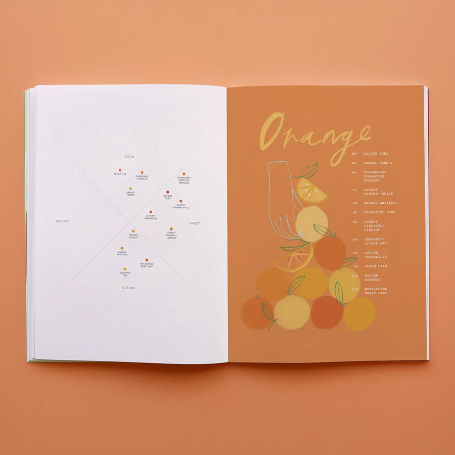 An open Juice the Rainbow recipe book on an orange surface displays a flavor chart on the left page and an orange-themed illustration with "Orange," juice recipes, and related flavors on the right page.