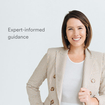 A woman with shoulder-length brown hair, in a light checked blazer and white top, smiles confidently. Text on the left reads, "Skin Health: Expert-informed guidance." The background is plain and light-colored.