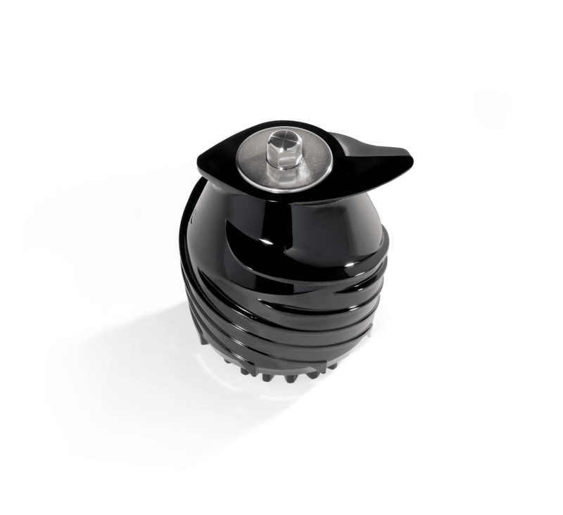 The Auger is a black, spiral-shaped blender blade assembly featuring a metal connector on top, designed for juice extraction in a cold press juicer, shown against a white background.