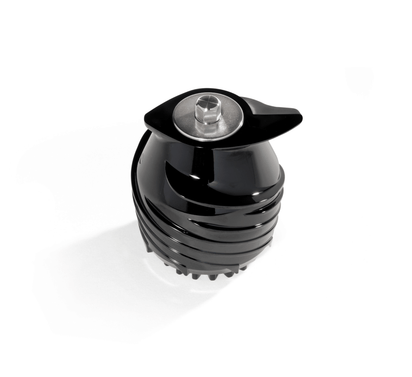 A black and silver Auger viewed from above, with a metal blade and plastic housing, isolated on white—essential for efficient juice extraction in devices like the Nama J3 Cold Press Juicer.