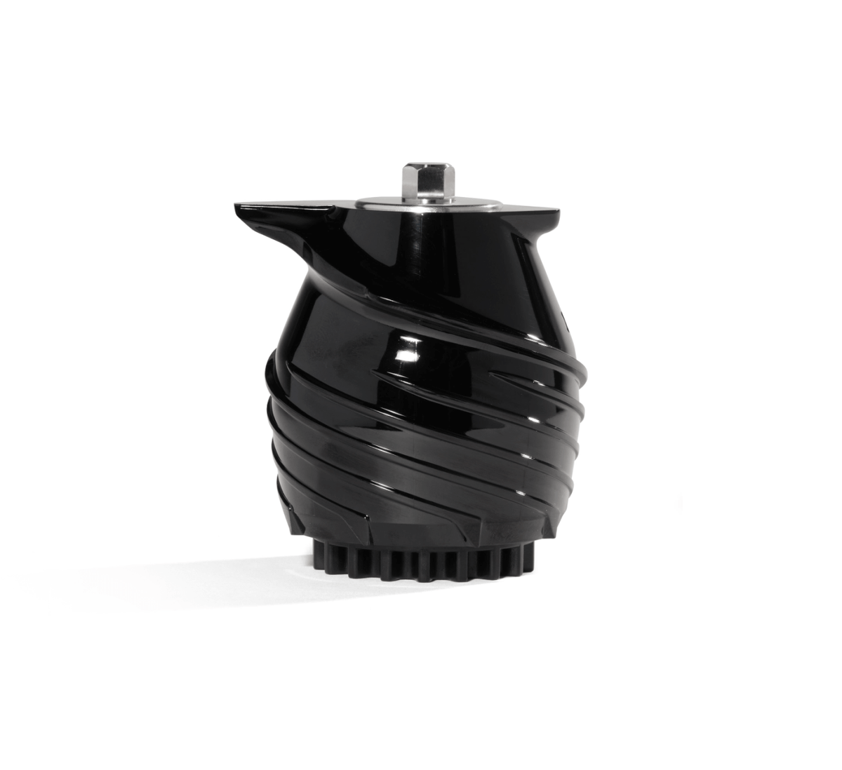 A shiny black Auger with a metallic top and gear-like base, featuring a spiral-shaped design for efficient juice extraction in a cold press juicer, photographed against a white background.