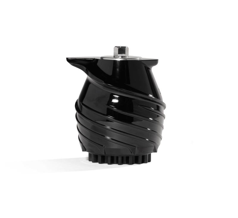 A shiny black Auger with a metallic top and gear-like base, featuring a spiral-shaped design for efficient juice extraction in a cold press juicer, photographed against a white background.