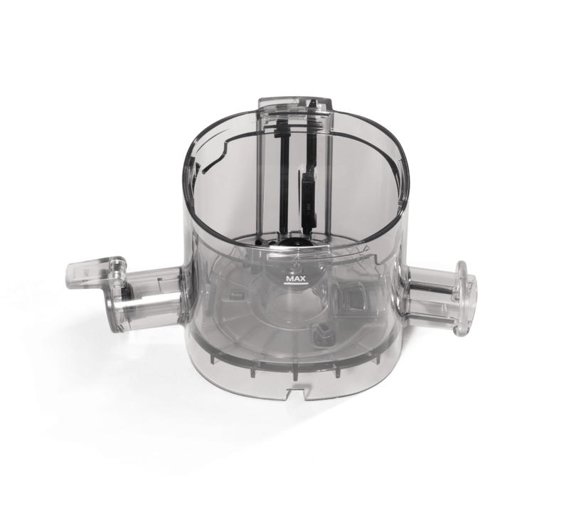 Chamber transparent plastic food processor bowl featuring two side handles and a visible MAX fill line inside. The main chamber is empty and displayed against a white background.