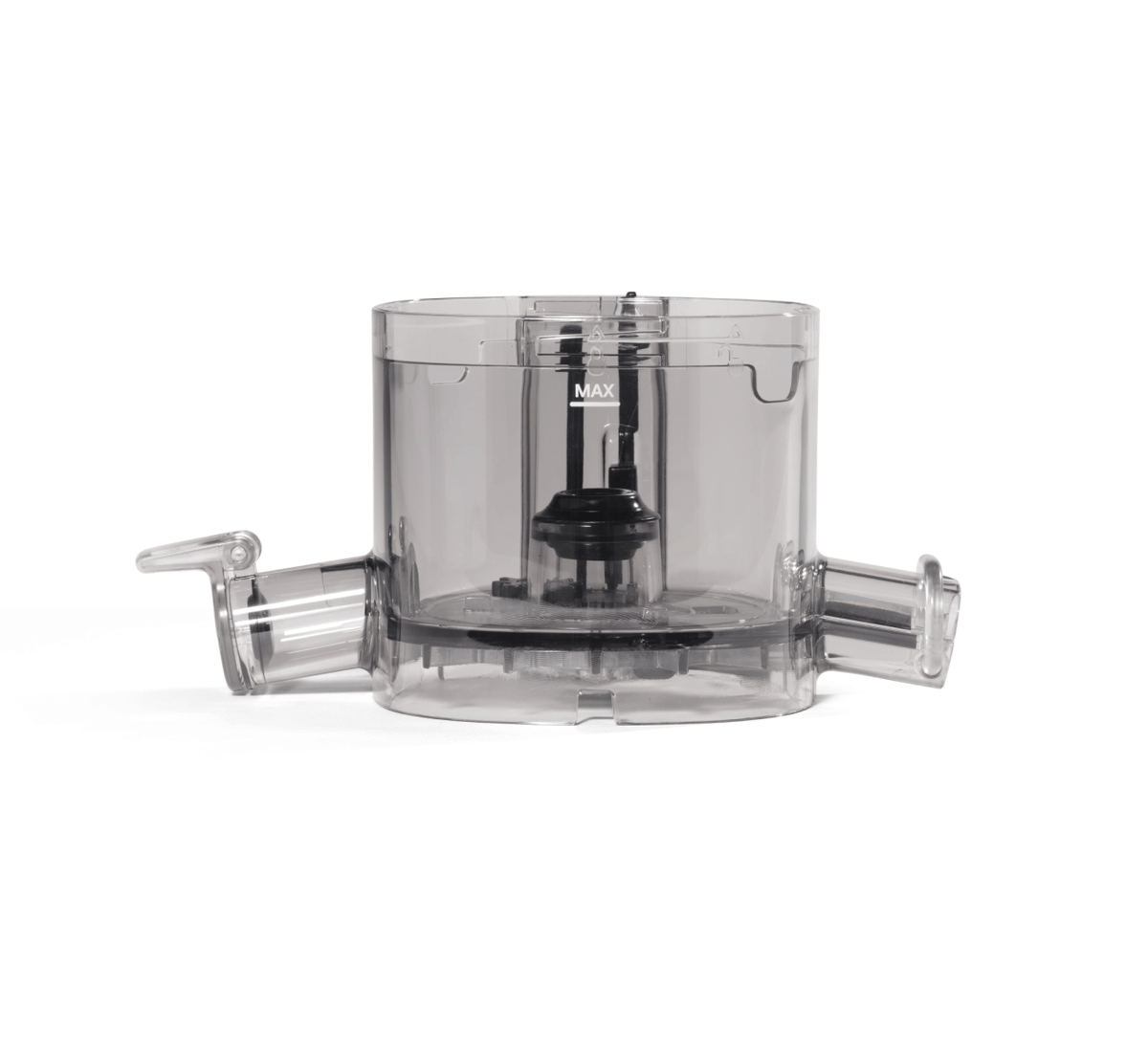 Certainly! Here’s a rewritten version of the sentence, using your product data: The Chamber is a transparent plastic food processor bowl featuring a handle on the left, a spout on the right, and an internal black blade attachment. Marked with “MAX” on its side to indicate the maximum fill level, this bowl—similar to the main chamber in appliances like the Nama J3 Cold Press Juicer—offers convenient capacity management for all your food preparation needs.