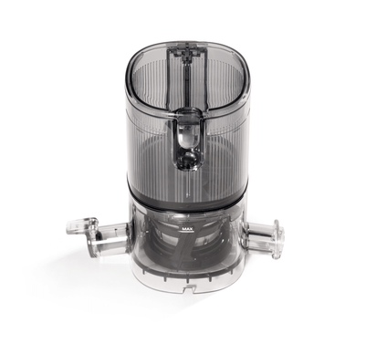 A transparent plastic Chamber Set for the Nama J3 Cold Press Juicer features vertical ridges, two horizontal side spouts, and a top lid, displayed on a white background.