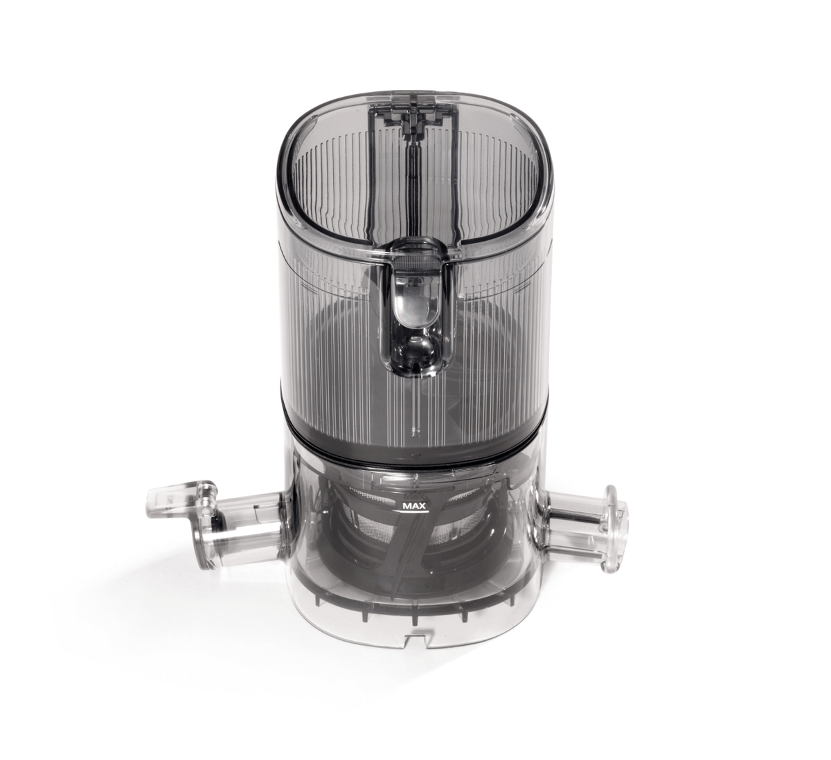 A transparent plastic Chamber Set from the Nama J3 Cold Press Juicer, featuring a lid, central chamber with a visible MAX fill line for optimal juice extraction, and two side spouts.