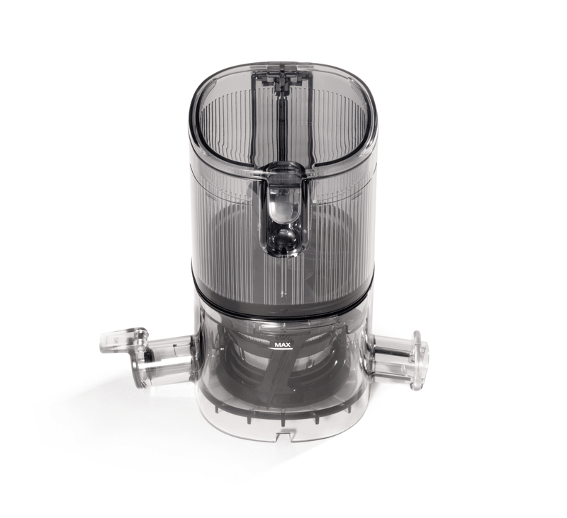 A transparent plastic Chamber Set from the Nama J3 Cold Press Juicer, featuring a lid, central chamber with a visible MAX fill line for optimal juice extraction, and two side spouts.