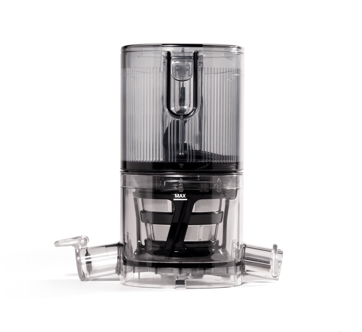 A transparent Chamber Set features a cylindrical top chamber reminiscent of the Nama J3 Cold Press Juicer, equipped with a black mesh filter inside for efficient juice extraction and two funnel-shaped spouts on either side at the base. The MAX fill line is clearly visible in the center of the chamber set.