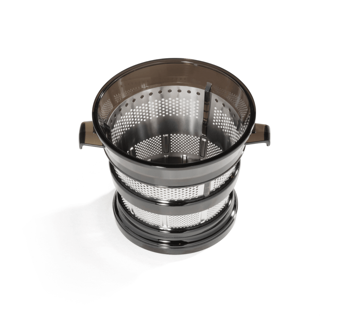 The Coarse Strainer, featuring stainless steel construction with black plastic handles and perforated sides, is perfect for Cold Press Juicer users who enjoy juice with added fiber; shown here on a white background.