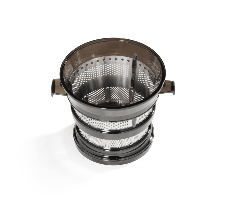 The Coarse Strainer, featuring stainless steel construction with black plastic handles and perforated sides, is perfect for Cold Press Juicer users who enjoy juice with added fiber; shown here on a white background.