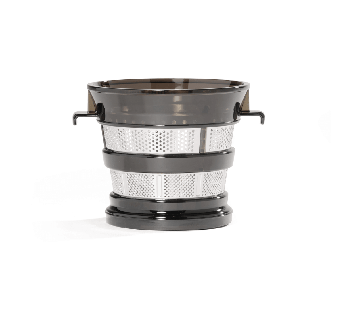 The Coarse Strainer is a stainless steel and black plastic basket featuring handles on both sides, designed for use in a Cold Press Juicer or food processing appliance to help create juice with added fiber, shown against a white background.