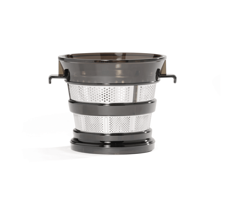 The Coarse Strainer is a stainless steel and black plastic basket featuring handles on both sides, designed for use in a Cold Press Juicer or food processing appliance to help create juice with added fiber, shown against a white background.
