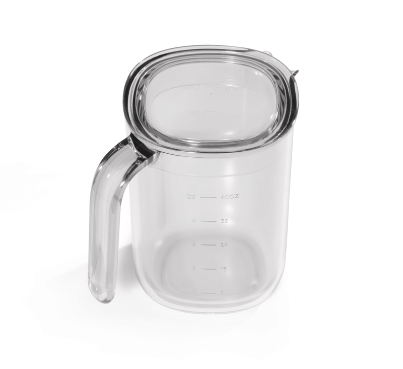 A Juice and Pulp Container Set with a clear design, easy-to-read measurement markings on the side, and a convenient handle, viewed from above at a slight angle; often used as a pulp container when operating a cold press juicer.