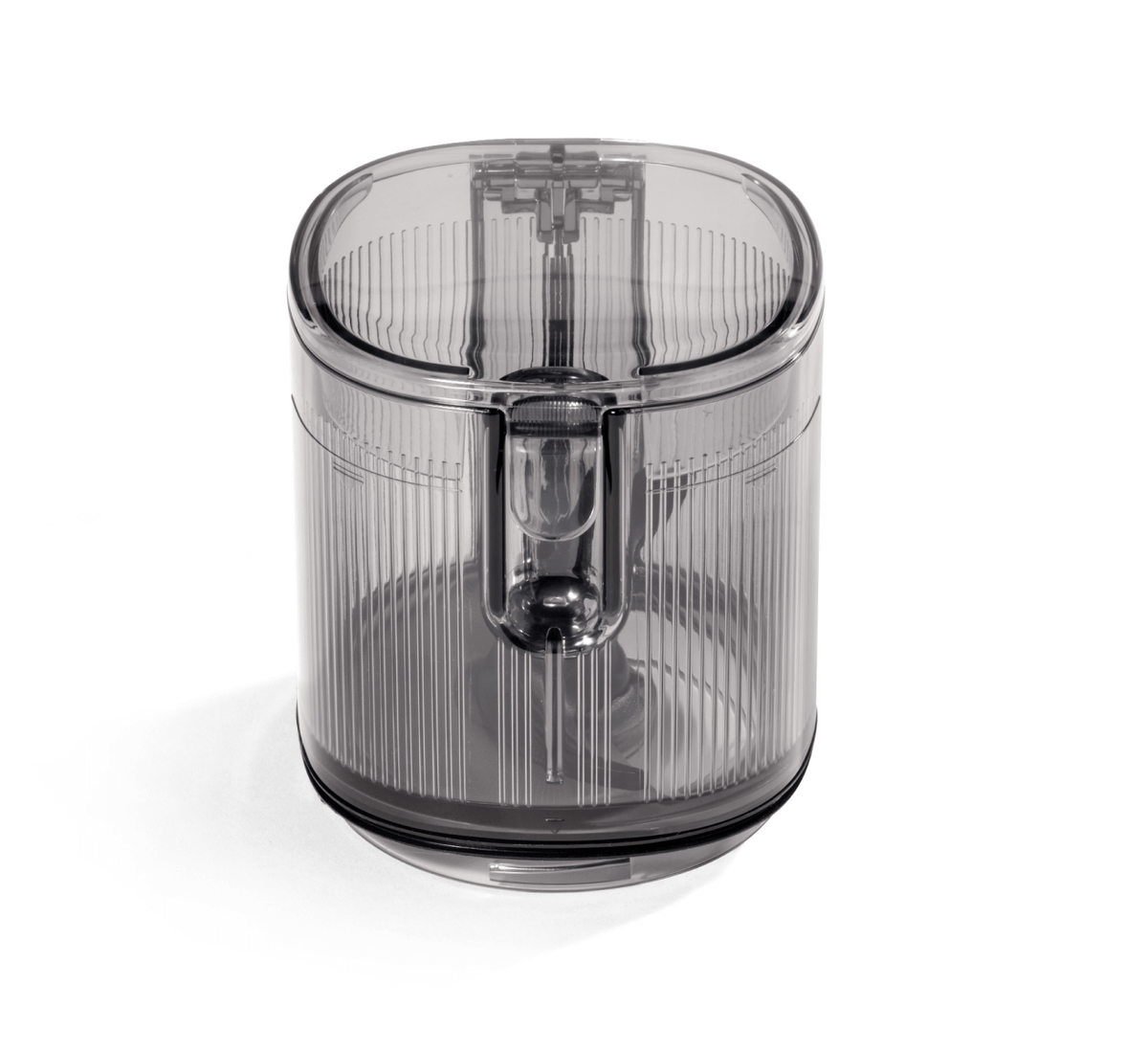 A transparent, cylindrical Hopper Assembly with a ridged surface and a visible internal mixing blade, designed specifically for the Nama J3 cold press juicer, is shown on a white background.
