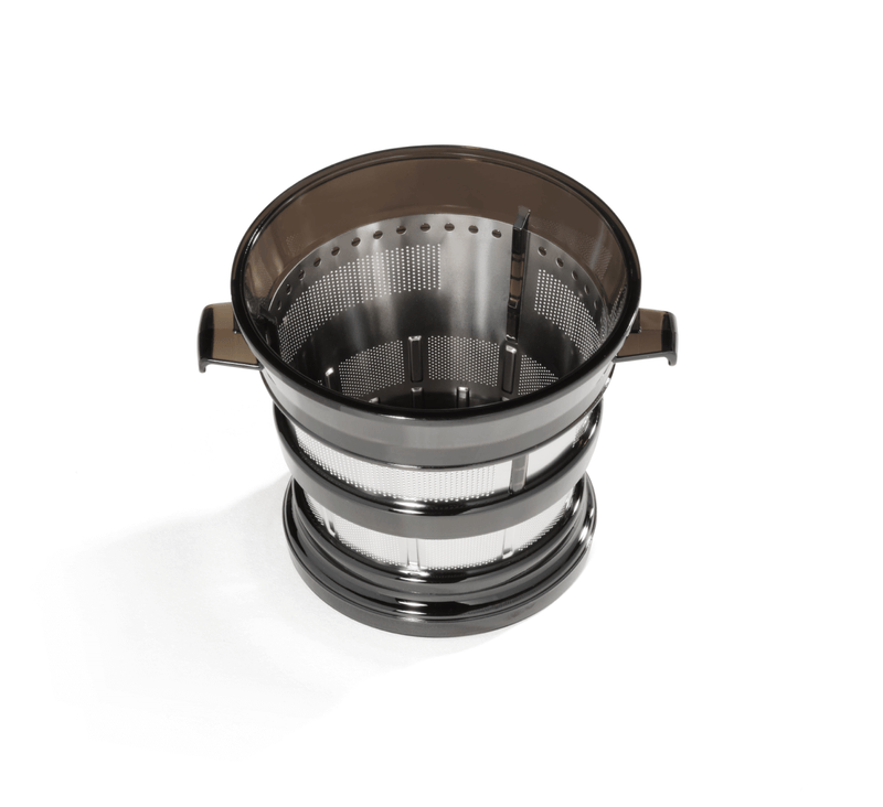 The Juice Strainer is a filter basket made from stainless steel and black plastic, featuring two handles and designed for use in a cold press juicer. It is displayed on a white background.