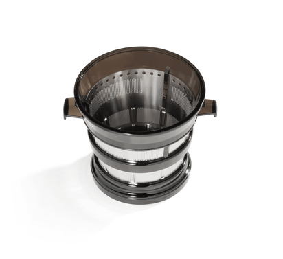 The Juice Strainer, made of stainless steel and black plastic with side handles and perforated metal sections, is designed for cold press juicers and perfect for making plant-based milk. Photographed on a white background.